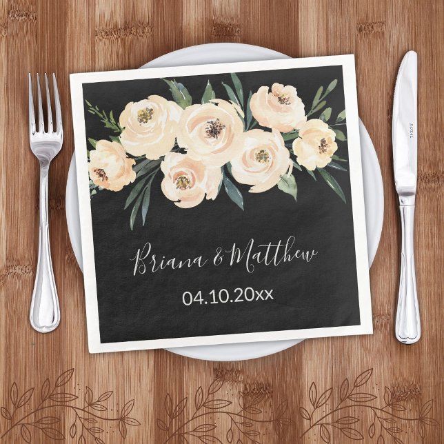 Beige Blush Floral on Black Wedding Napkin (Creator Uploaded)