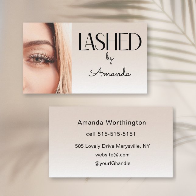 Beige Blush Lashed Minimalist Script Photo  Business Card (Creator Uploaded)