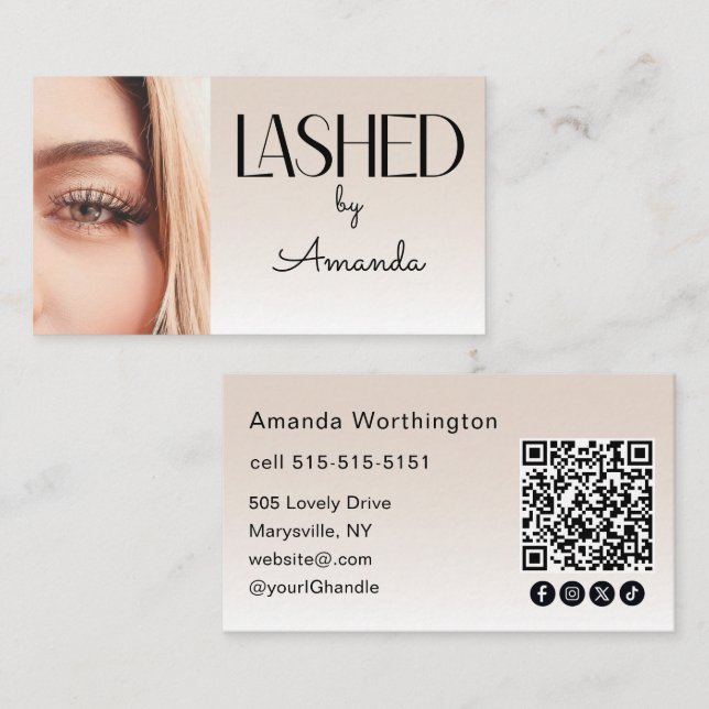Beige Blush Lashed Photo QR Code Social Icons Business Card (Front/Back)