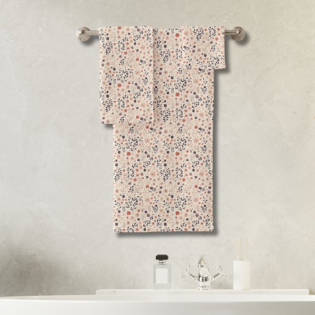 Beige Blush Pink Blue Coral Boho Wildflowers Bath Towel Set (Boho Wildflowers in beige, blush pink, coral, blue/purple. Bath towel set)