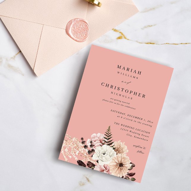 Beige & Blush Pink Rustic Floral Wedding - Pink Invitation (Creator Uploaded)