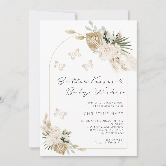 Beige Bohemian Floral Butterfly Kisses Baby Shower Invitation (Front)