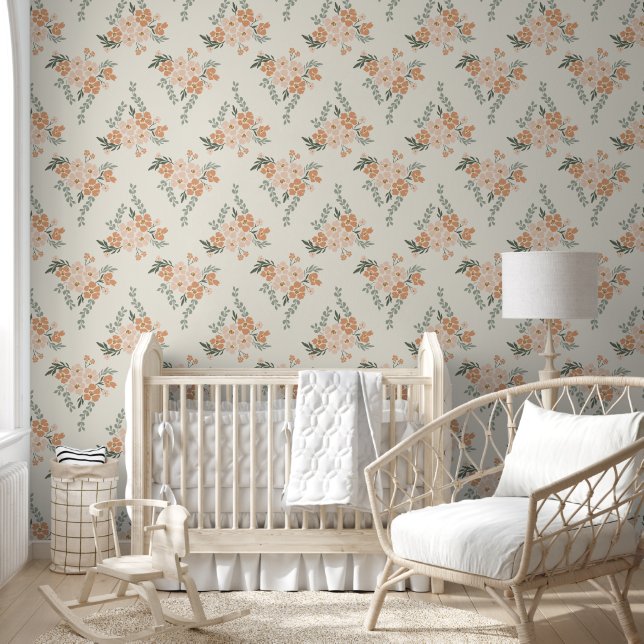 Beige Bohemian Floral (Pink, Green, Beige) Wallpaper (Kids)