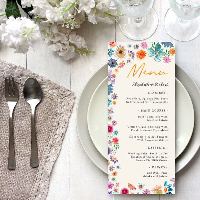 Beige Boho Chic Floral Wildflower Garden Wedding Menu (Front)