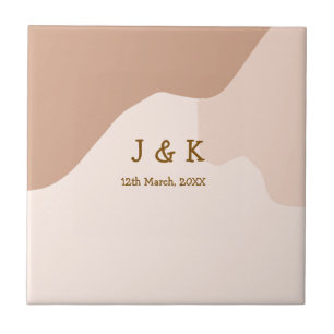 Beige boho curvy orange wedding name date ceramic tile