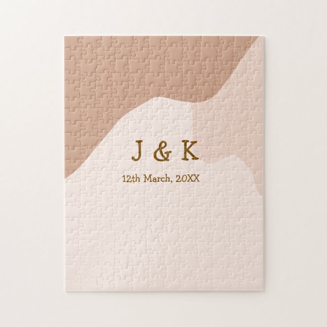 Beige boho curvy orange wedding name date jigsaw puzzle (Vertical)