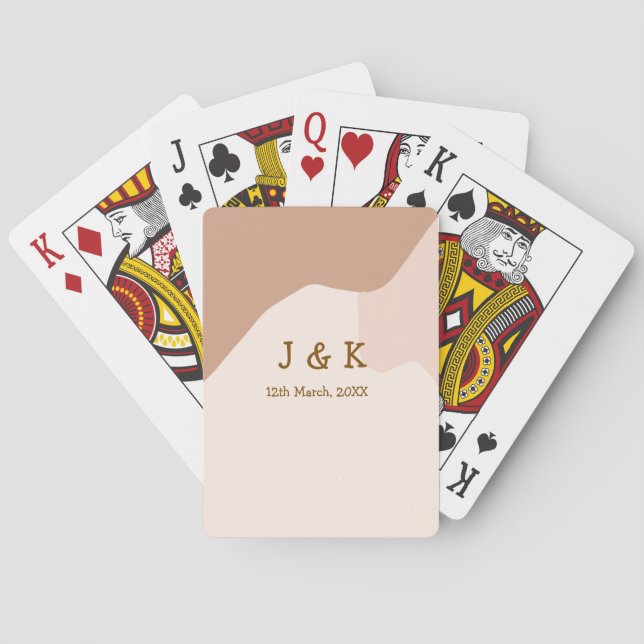 Beige boho curvy orange wedding name date playing cards (Back)