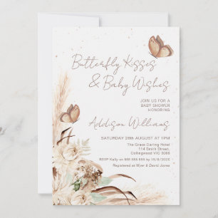 Beige Boho Floral Butterly Kisses Baby Shower Invitation