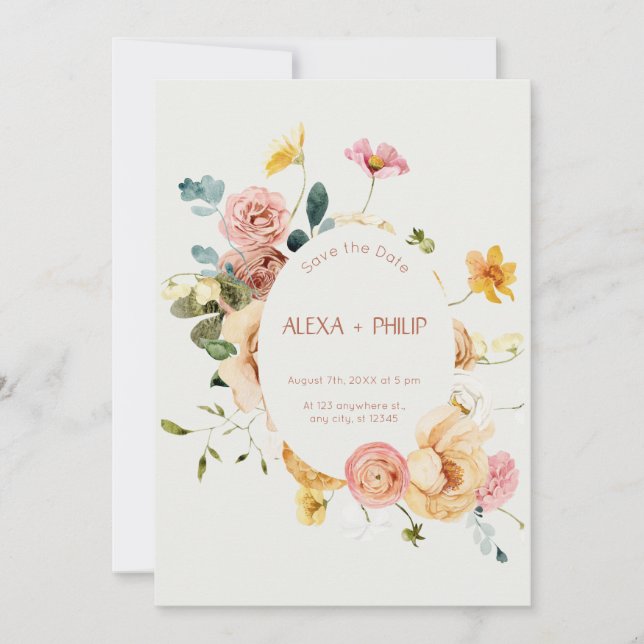 Beige Boho Floral Wedding Save the Date Invitation (Front)