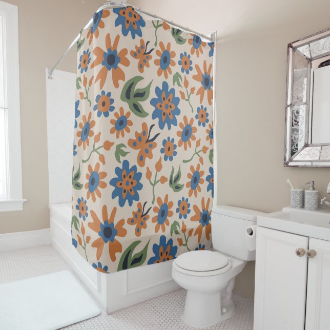 Beige Boho Flower Shower Curtain (In Situ)