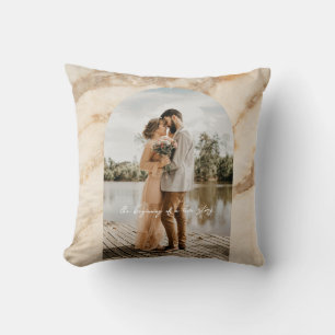 Beige Boho Frame Photo Wedding Anniversary Couple Cushion