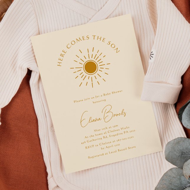 Beige Boho Sunshine Here Comes The Son Baby Shower Invitation (Creator Uploaded)