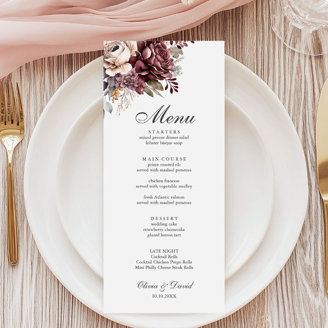 Beige Boho Wedding Menu with Watercolor Flowers (Beige Boho Wedding Menu with Watercolor Flowers on a wedding table with elegant decor)