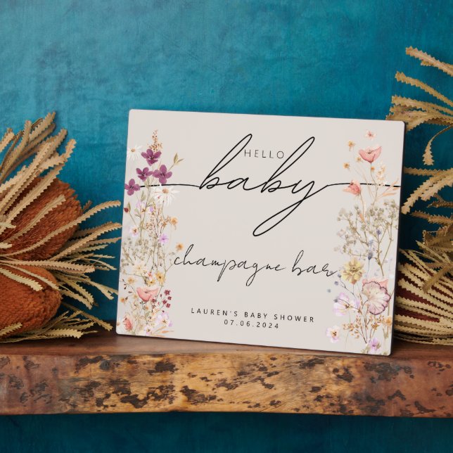 Beige boho wildflower baby shower tabletop sign plaque (Side)