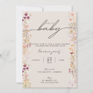 Beige Boho Wildflower Floral Hello Baby Shower Invitation