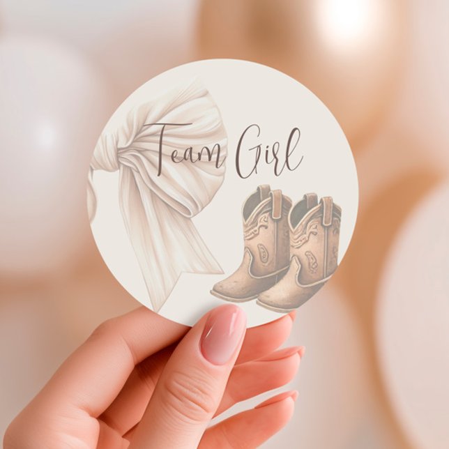 Beige Boots Or Bows Gender Reveal Team Girl Classic Round Sticker (Creator Uploaded)