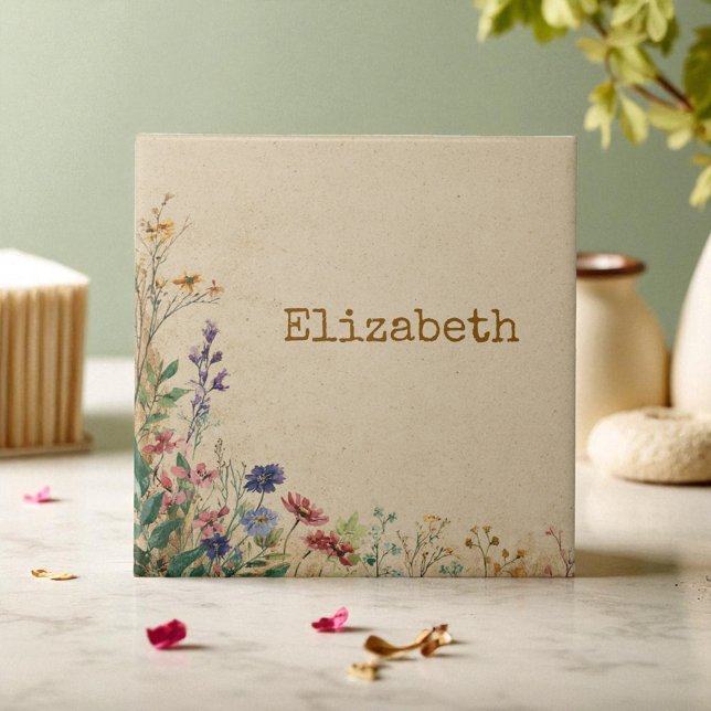 Beige Border Rustic Boho Wildflower  Ceramic Tile (Beige Border Rustic Boho Wildflower Ceramic Tile)