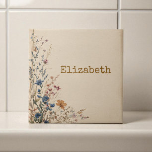 Beige Border Rustic Boho Wildflower  Ceramic Tile