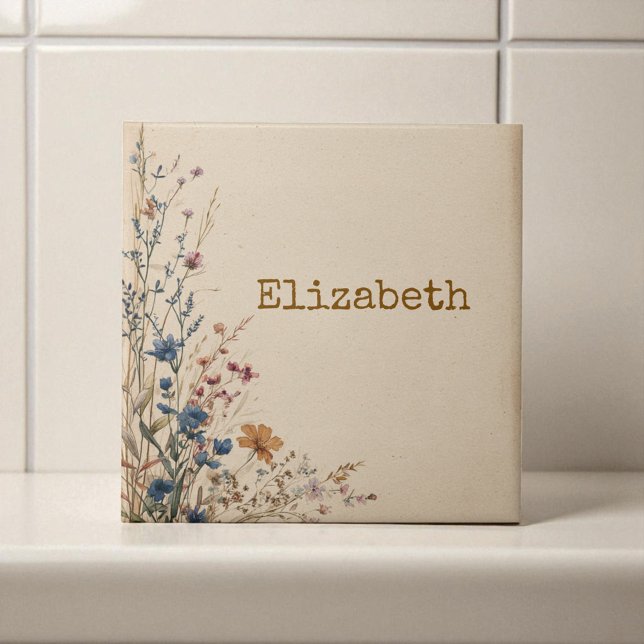 Beige Border Rustic Boho Wildflower  Ceramic Tile (Beige Border Rustic Boho Wildflower Ceramic Tile)