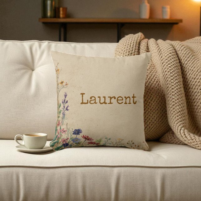 Beige Border Rustic Boho Wildflower Cushion (Beige Border Rustic Boho Wildflower Throw Pillow)