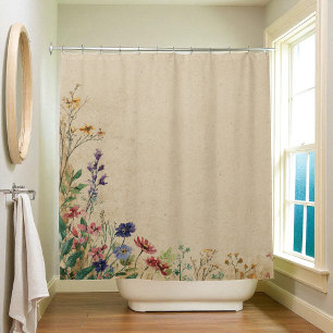 Beige Border Rustic Boho Wildflower Shower Curtai Shower Curtain