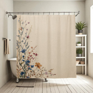 Beige Border Rustic Boho Wildflower Shower Curtai Shower Curtain
