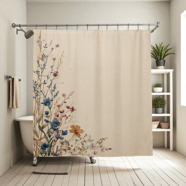 Beige Border Rustic Boho Wildflower  Shower Curtai Shower Curtain (Beige Border Rustic Boho Wildflower Shower Curtai Shower Curtain)