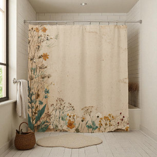 Beige Border Rustic Boho Wildflower Shower Curtain