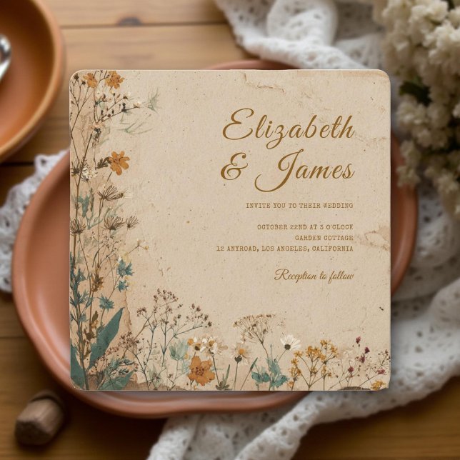 Beige Border Rustic Boho Wildflower Wedding Invitation (Creator Uploaded)