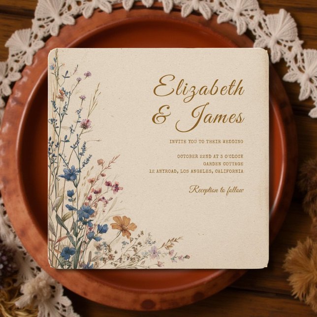 Beige Border Rustic Boho Wildflower Wedding Invitation (Creator Uploaded)