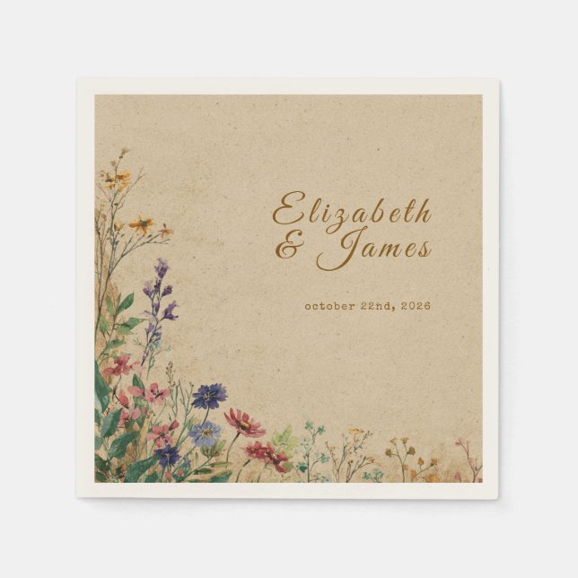 Beige Border Rustic Boho Wildflower Wedding Napkin (Front)