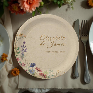 Beige Border Rustic Boho Wildflower Wedding Paper Plate