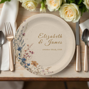 Beige Border Rustic Boho Wildflower Wedding Paper Plate