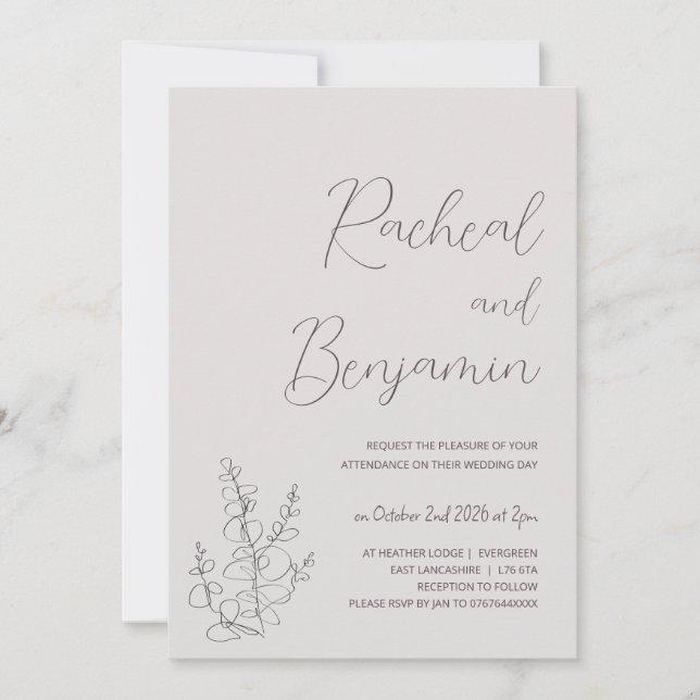 Beige botanical minimalist wedding invitations (Front)