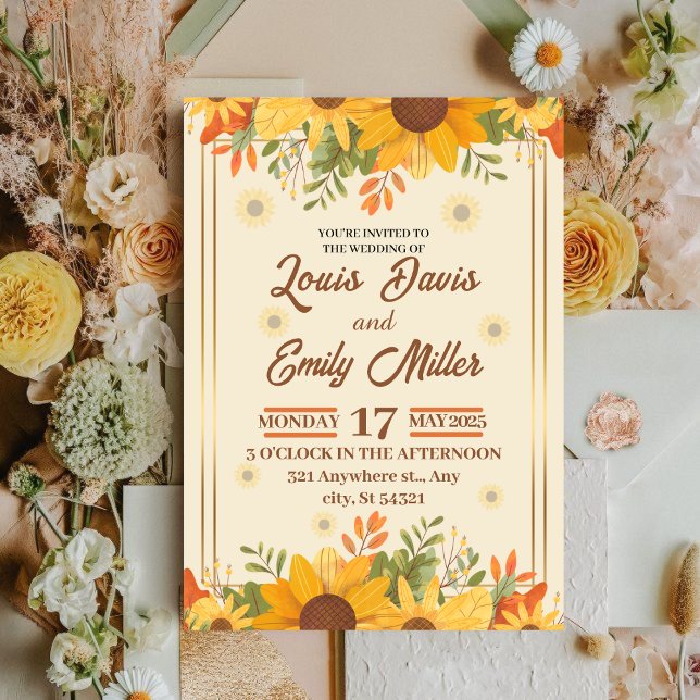 Beige botanical wedding with orange,yellow flowers invitation (Creator Uploaded)