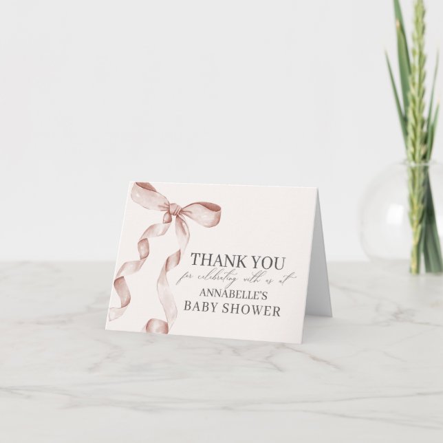 Beige Bow Baby Shower Blank Thank You Card (Front)