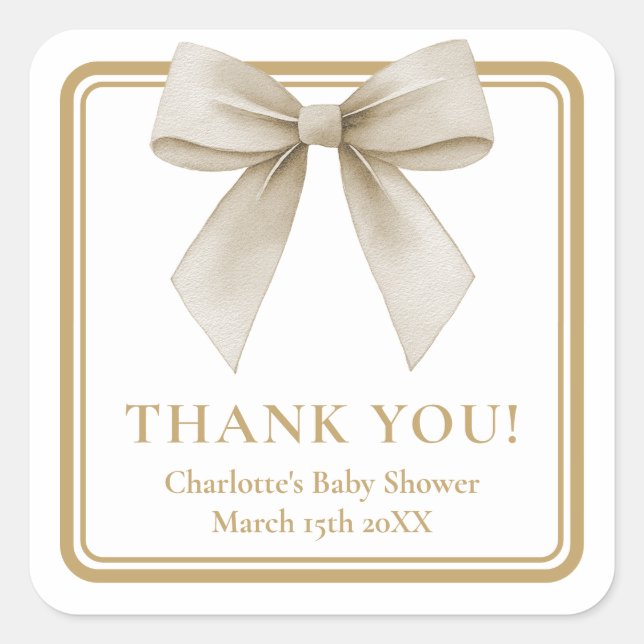 Beige Bow Baby Shower Thank You Favor Label (Front)