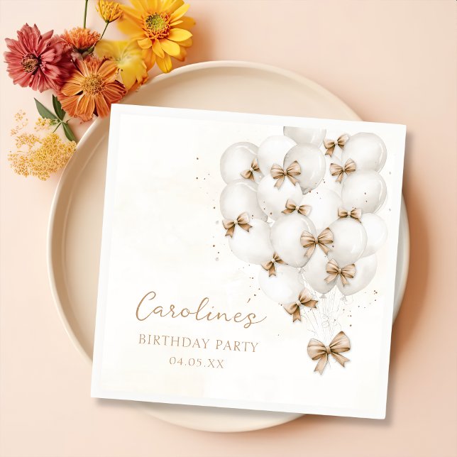Beige Bow Balloons Birthday Napkins (Creator Uploaded)