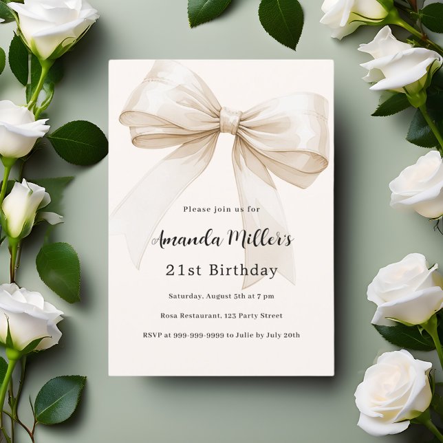 Beige bow elegant birthday invitation (Creator Uploaded)