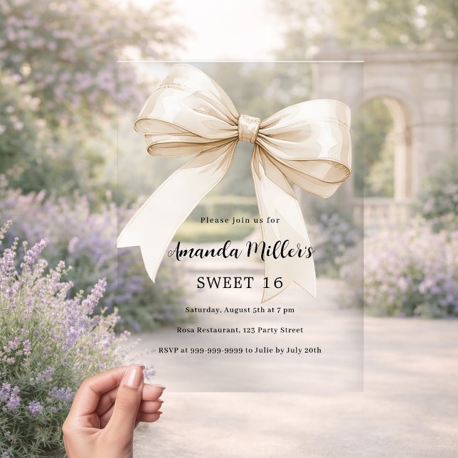 Beige bow elegant clear Sweet 16 luxury Acrylic Invitations (Creator Uploaded)