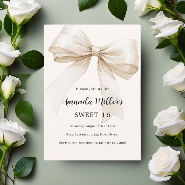 Beige bow elegant Sweet 16 Invitation (Creator Uploaded)
