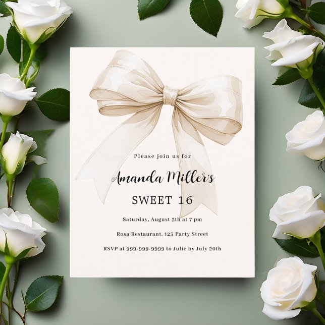 Beige bow elegant Sweet 16 invitation (Creator Uploaded)