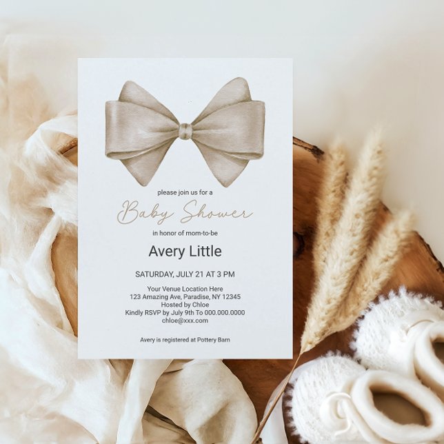 Beige Bow Modern Boho Baby Shower Invitation (Creator Uploaded)