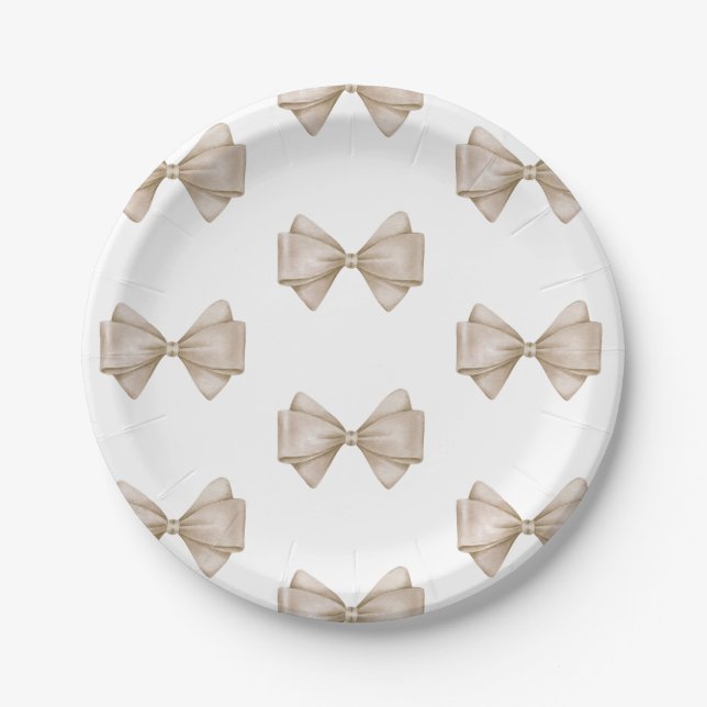 Beige Bow Modern Boho Baby Shower Paper Plate (Front)