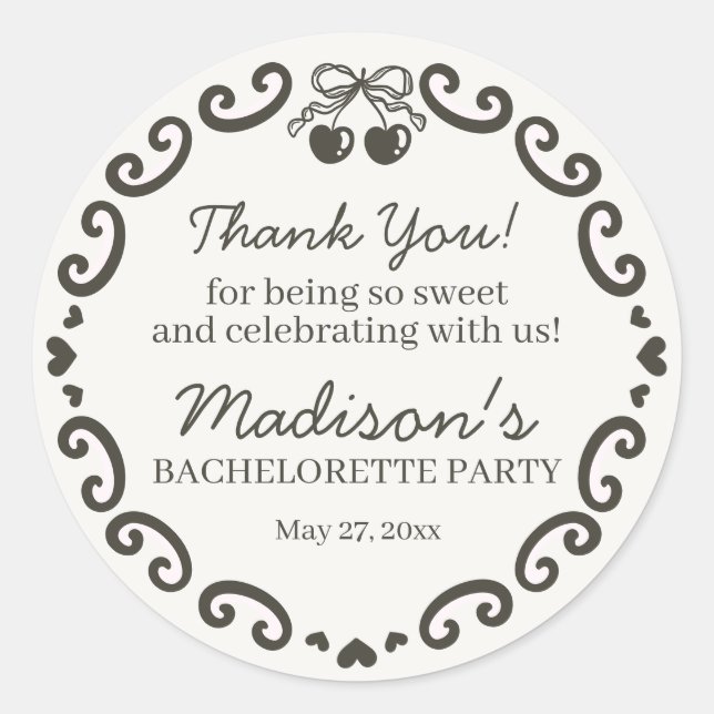 Beige Bow Retro Heart Coquette Cake Bachelorette Classic Round Sticker (Front)