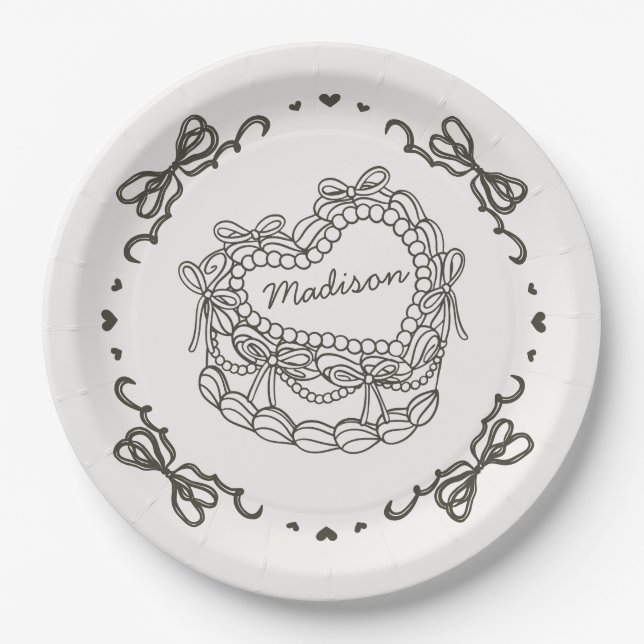 Beige Bow Retro Heart Coquette Cake Personalised Paper Plate (Front)