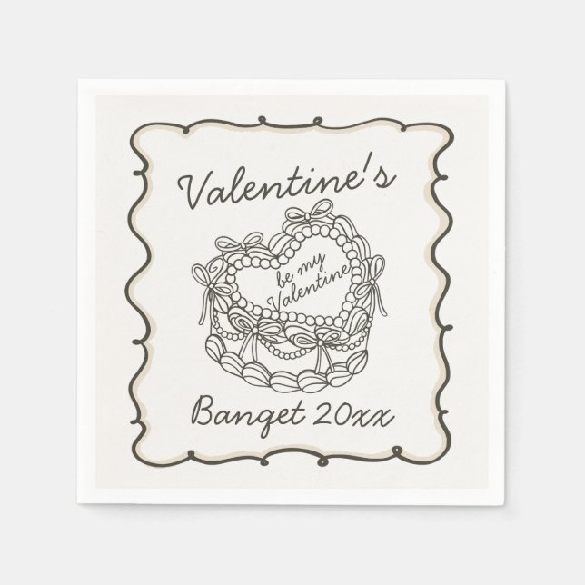 Beige Bow Retro Heart Coquette Cake Valentines Napkin (Front)