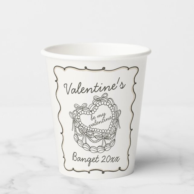 Beige Bow Retro Heart Coquette Cake Valentines Paper Cups (Front)
