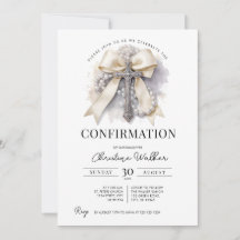 Beige Bow & Rosary Confirmation Invitation