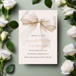Beige bow rose gold luxury birthday<br><div class="desc">A soft beige,  cream coloured background,  decorated with a large bow. Personalise and add a name and party details. The name and age are written with real rose gold foil.</div>